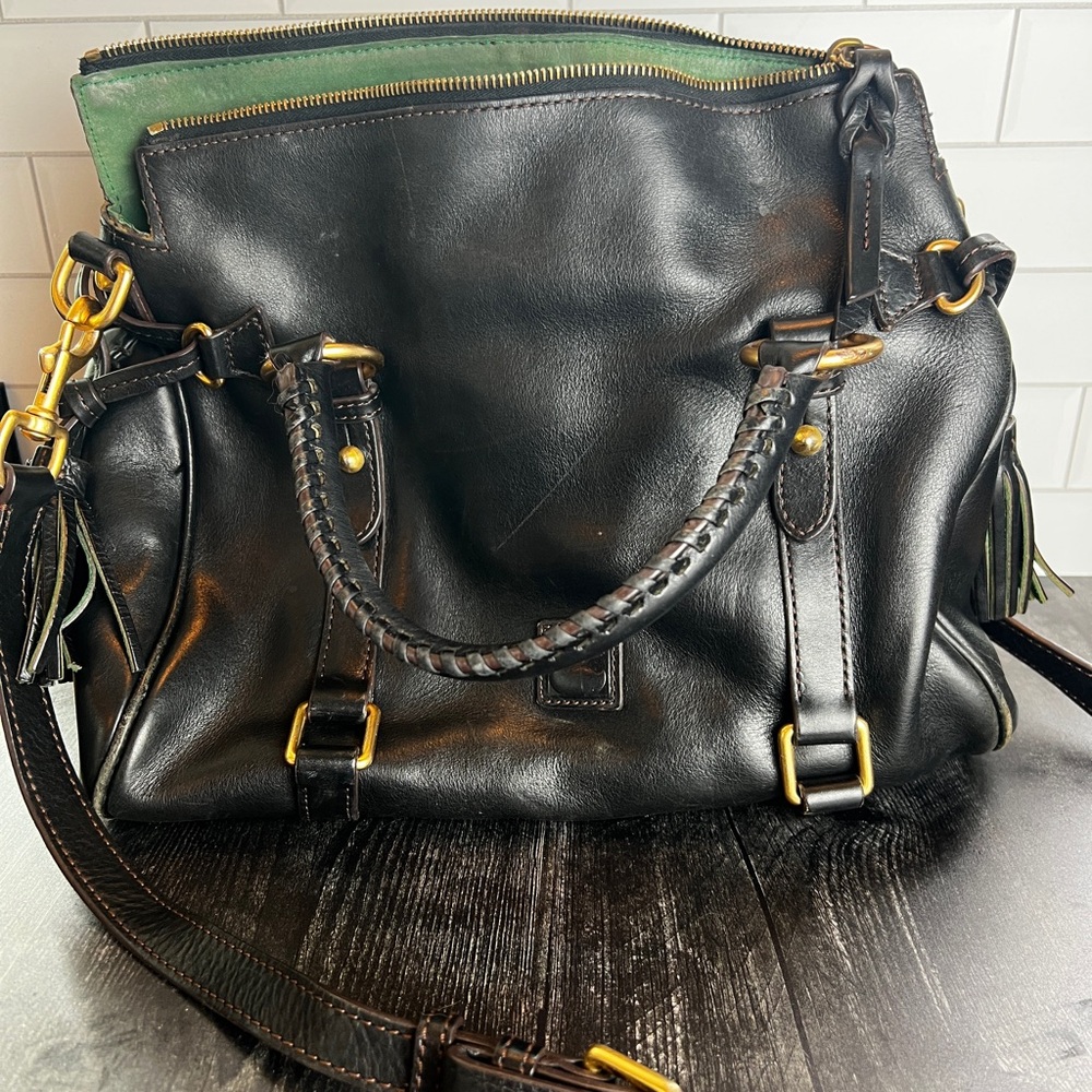 Dooney Black Leather Handbag with Gold Accents